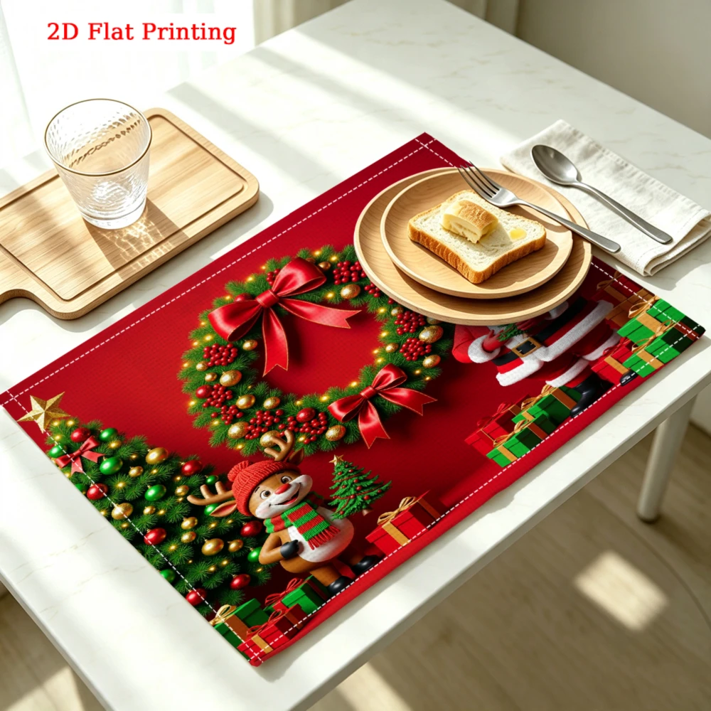 Santa Claus Christmas Wreath Pattern Kitchen Placemat Coaster Linen Pad Dish Coffee Cup Table Mat 30x40cm Home Decor