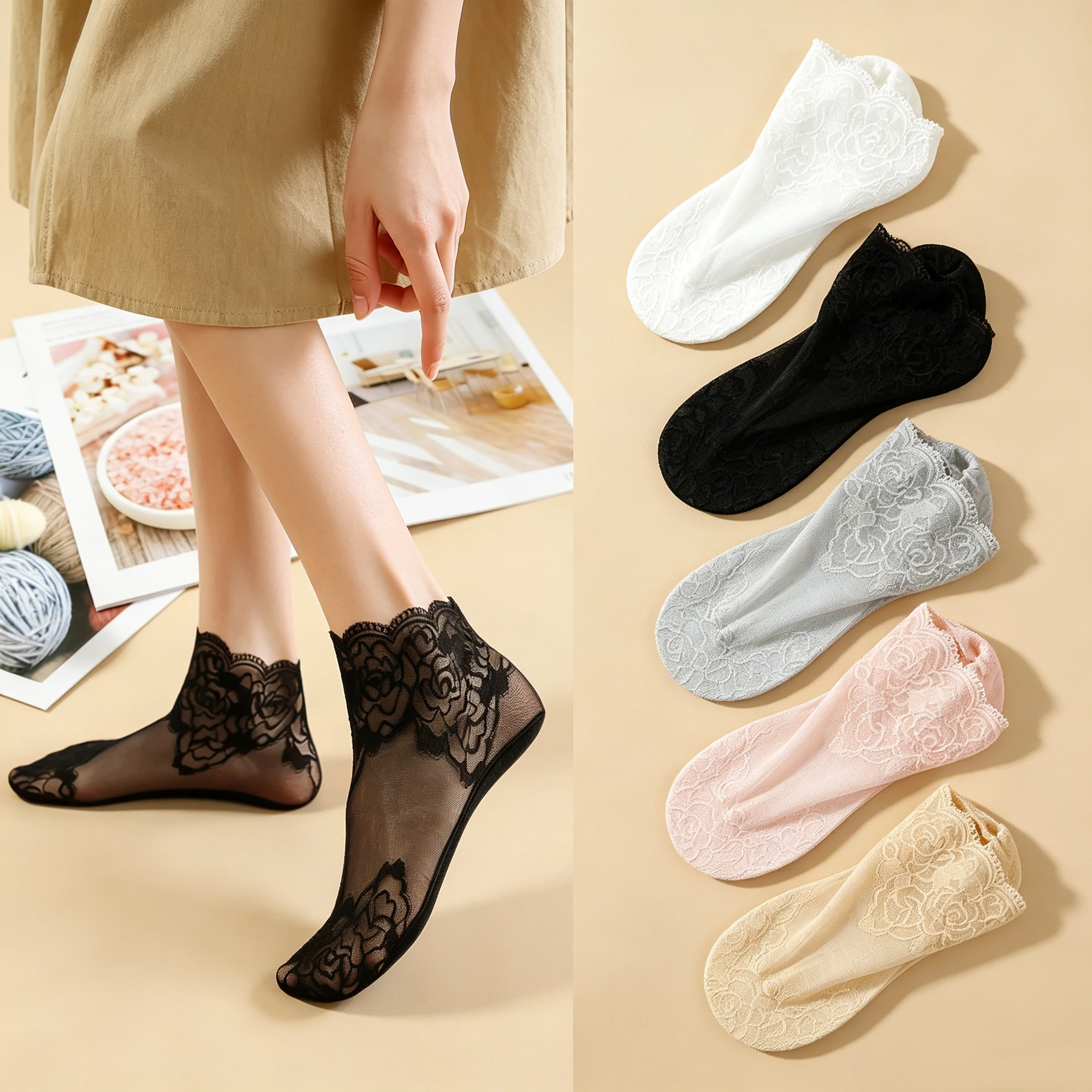 3 Paar Damen-Kawaii-Spitzensocken mit Rüschen und Netzstoff im Lolita-Stil, weiche, atmungsaktive kurze Socken für den Freizeitgebrauch