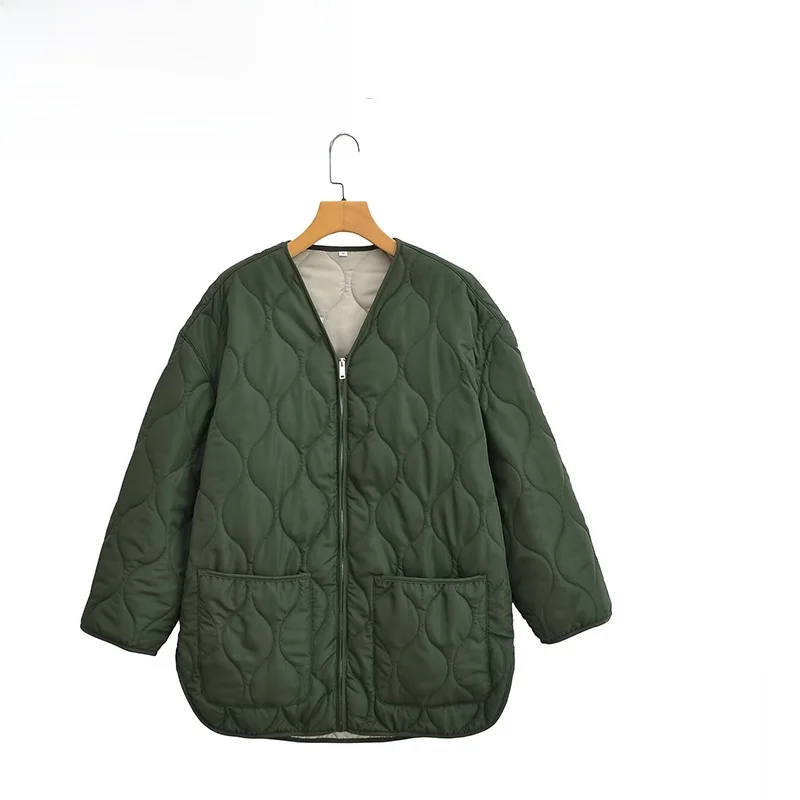 

ZBZA Spring New Women's Faion Loose Cotton Jaet Coat Polyester Fiber V-ne Zipper Closure Regular Sve Long Sve