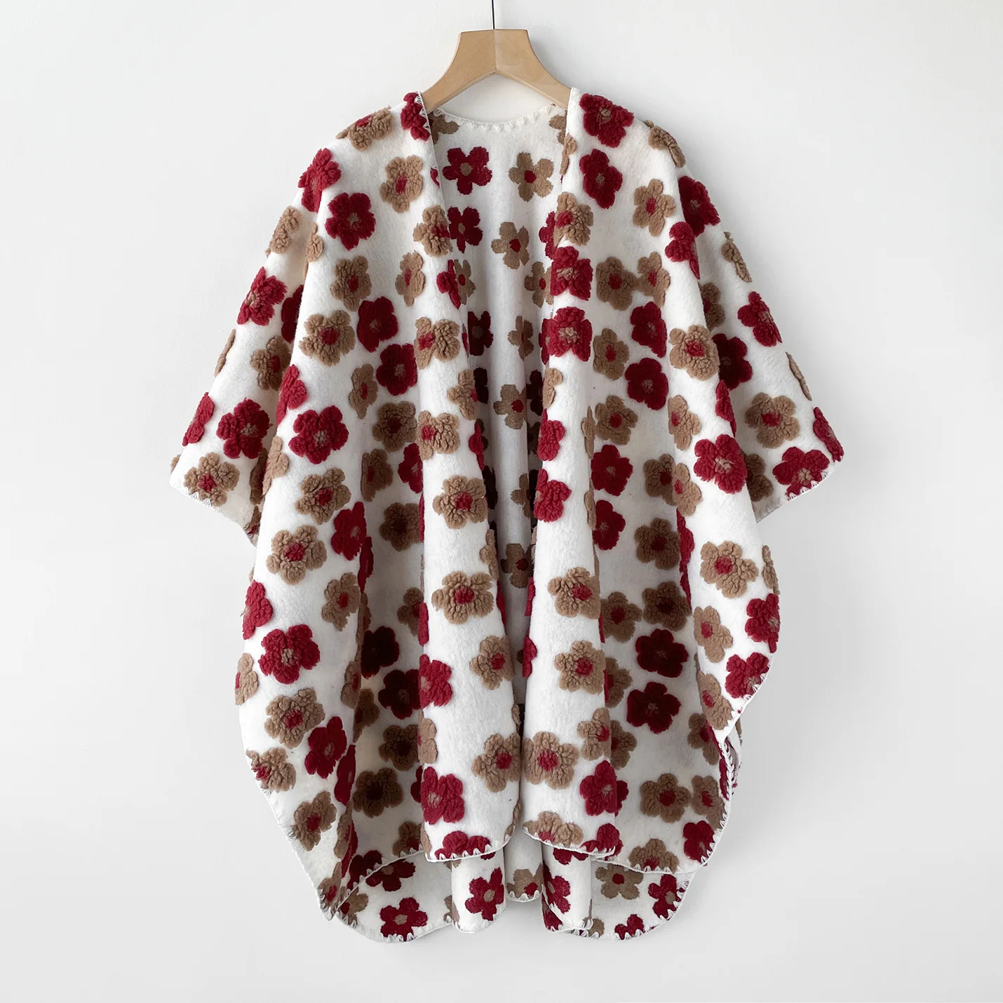 Women Cozy Imitation Cashmere Poncho Wrap 3D Floral Pattern Cape Soft Warm Open Front Shawl Casual Outerwear Cover Up