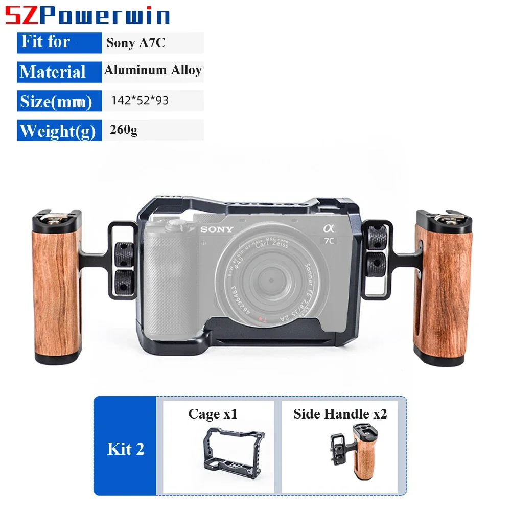 Powerwin For Sony A7C Camera Cage with wooden Handgrid Handle Kit Aluminum Alloy Multifunctional Arri Locating Screw