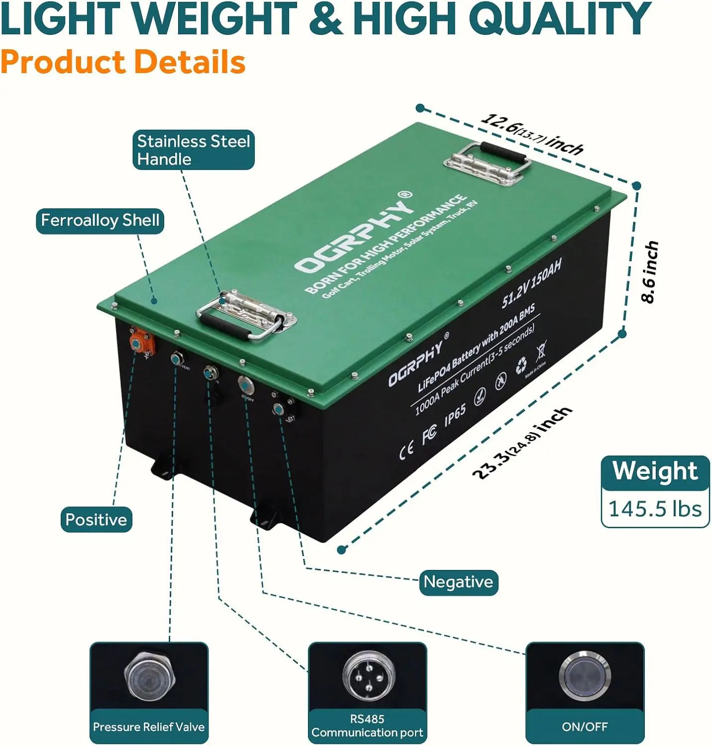 48V 150AH lithium battery with charger, built-in 200A BMS, with touch monitor and mobile app, 48V lithium battery peak current