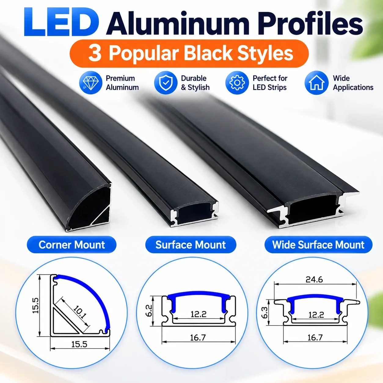 1-20PCS LED aluminum channel 0.5m for 3528 5630 5050 LED strip UVW shape LED aluminum channel Black cover