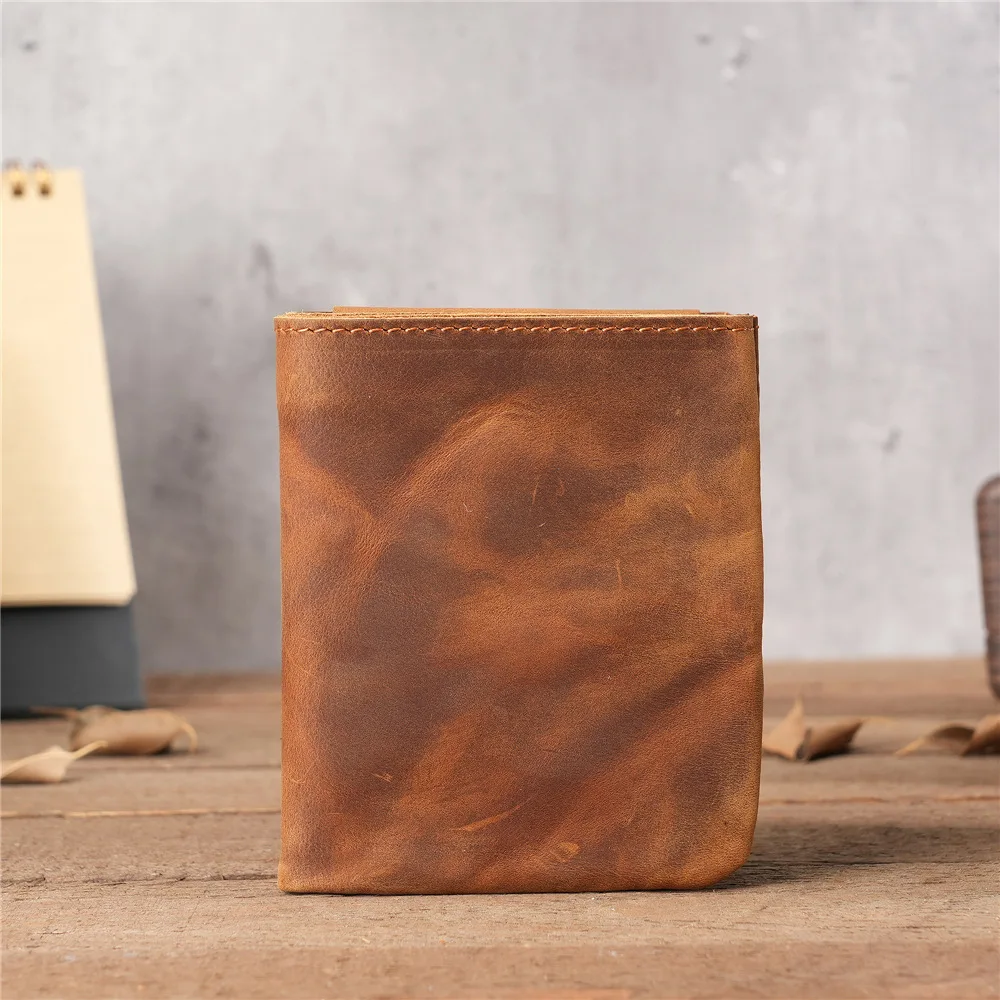 1141 Men's Crazy Horse Genuine Leather Wallet Retro Vertical Zipper Money Clip Layer Cowhide Minimally Used Wallet
