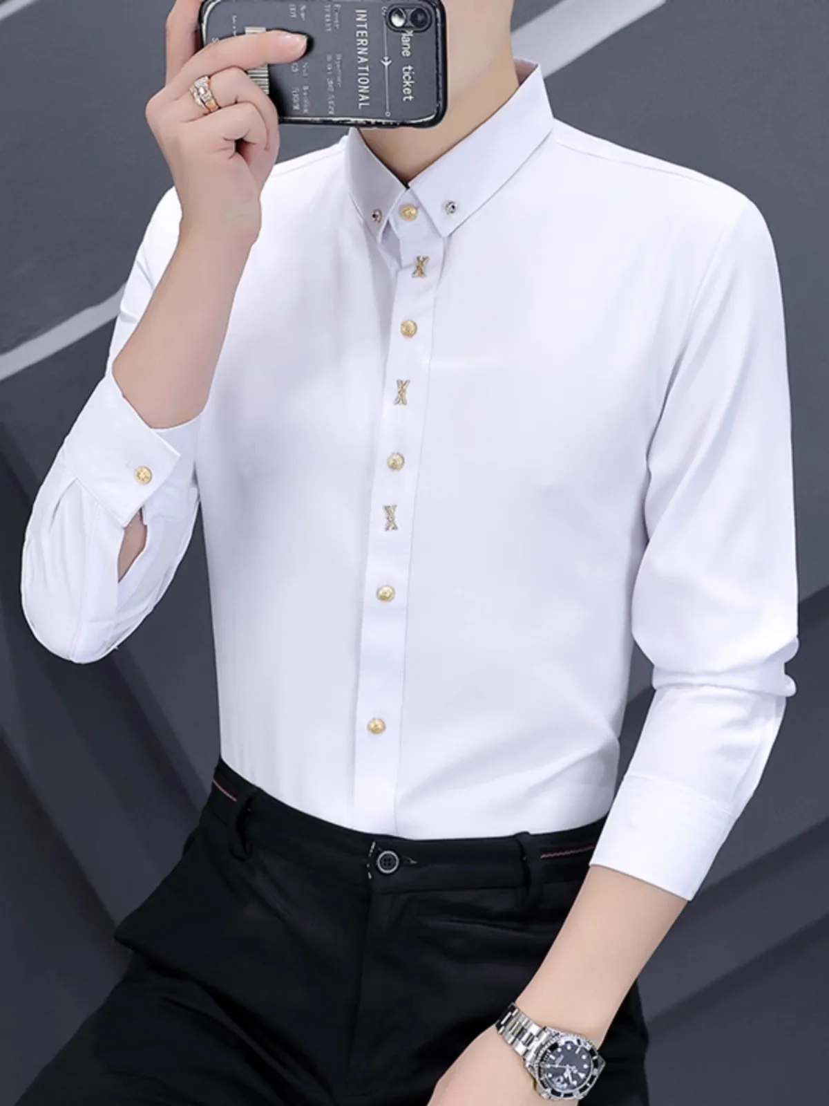 

Мужская модная рубашка Slim Fit с длинным рукавом, однотонная, повседневная, деловая, весна-осень, Knkvip Original, из полиэстера.