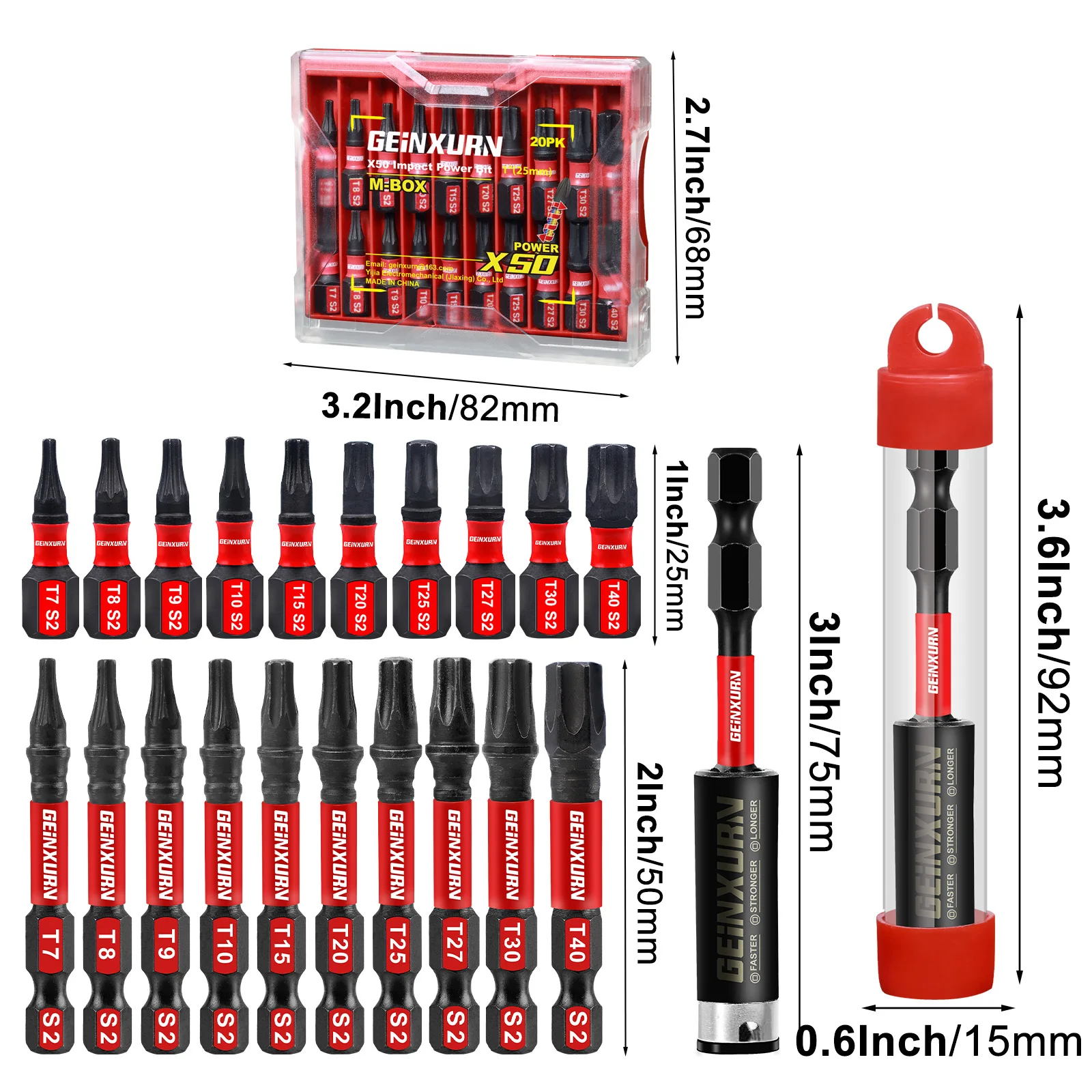 Geinxurn (T7-T40）Impact Tough Magnetic Screwdriver Bit Set, Multi-Torx Head Insert Bits, S2 Alloy Steel Star BitsStorage M-Box