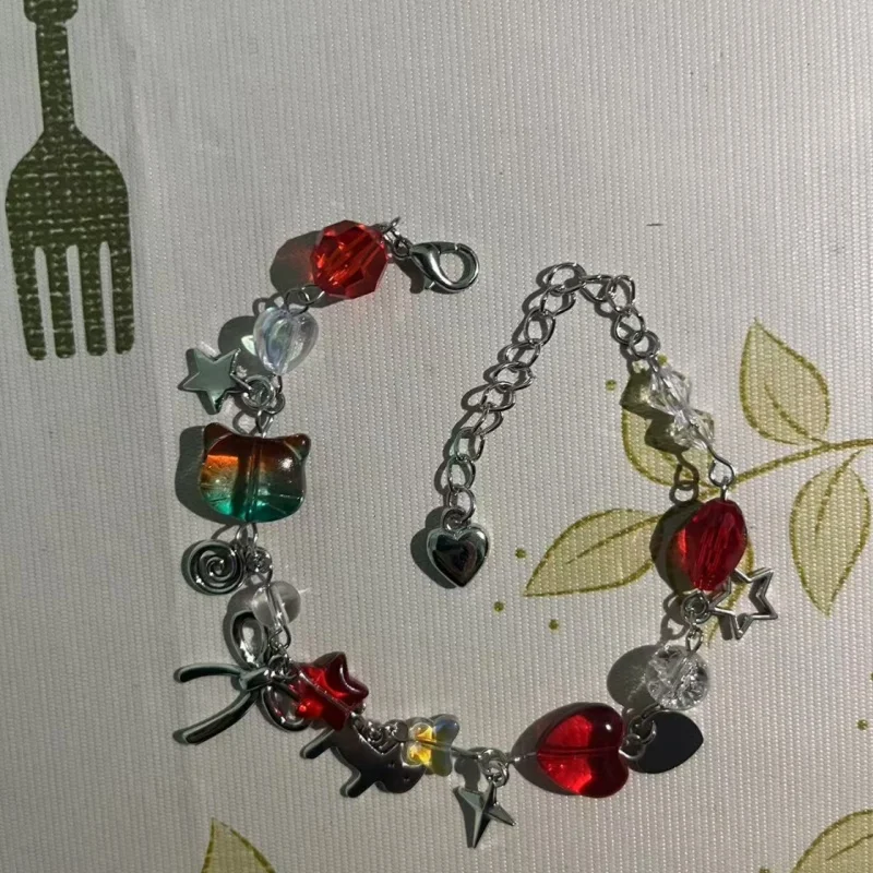 Y2K Trio Friendship, Charm Bracelet, Garden Shed core theme, red pink green color