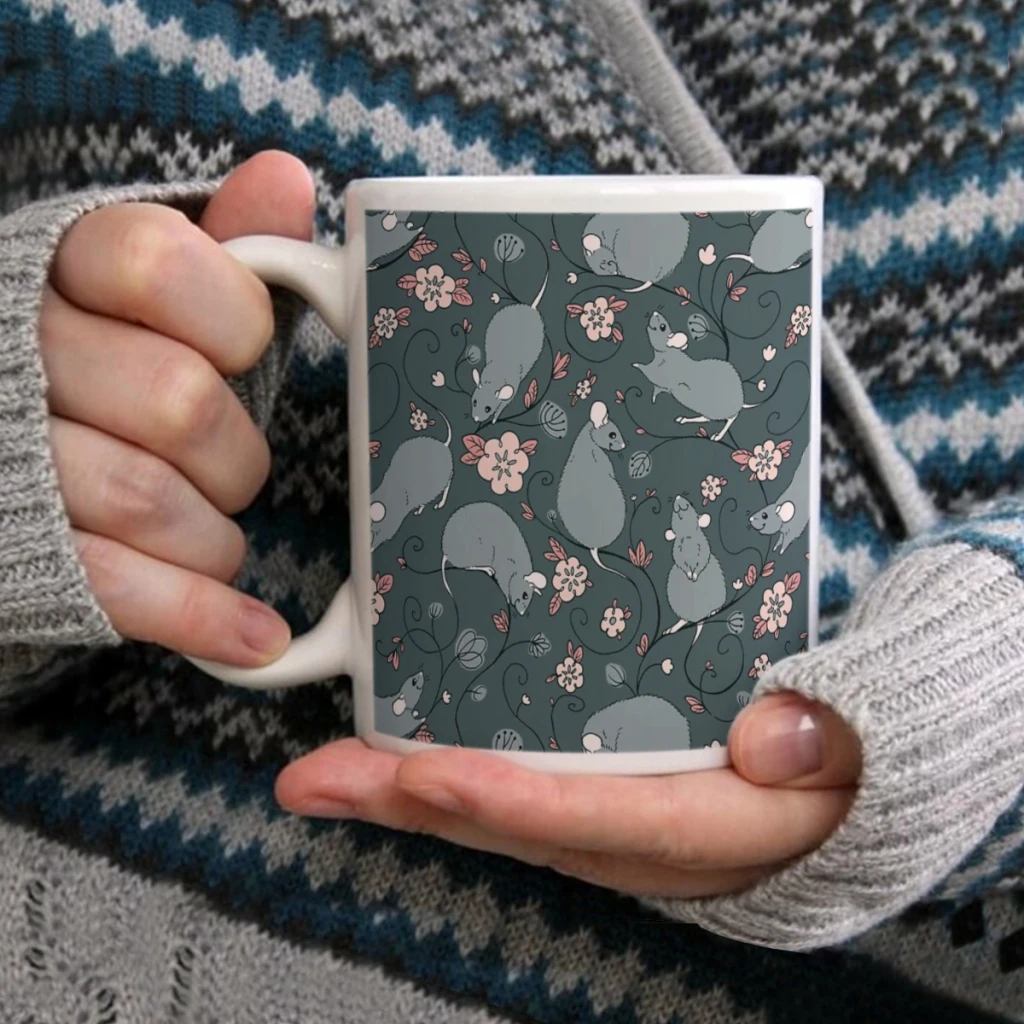 

Floral Rat Dark Grey and PinkCoffee Mug Tea Cup 11oz Coffee Cup Funny Birthday Ceramic Mug Personalized Cup