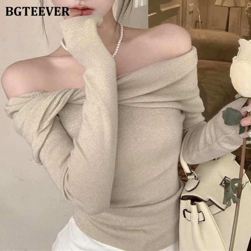 

BGTEEVER Elegant Slash Neck Ladies Solid Knitted Pullovers Autumn Winter Stylish Long Sleeve Slim Women Solid Sweaters Jumpers