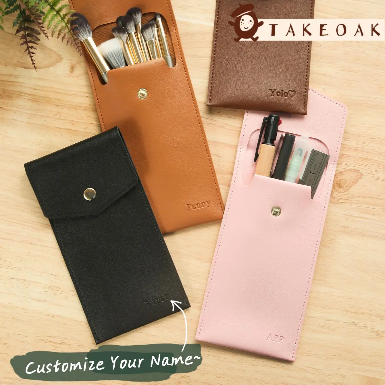 Personalized Custom Embossed Name Leather Pencil Bag Snap Closure Makeup Brush Holder Custom Monogram Travel Storage Pouch