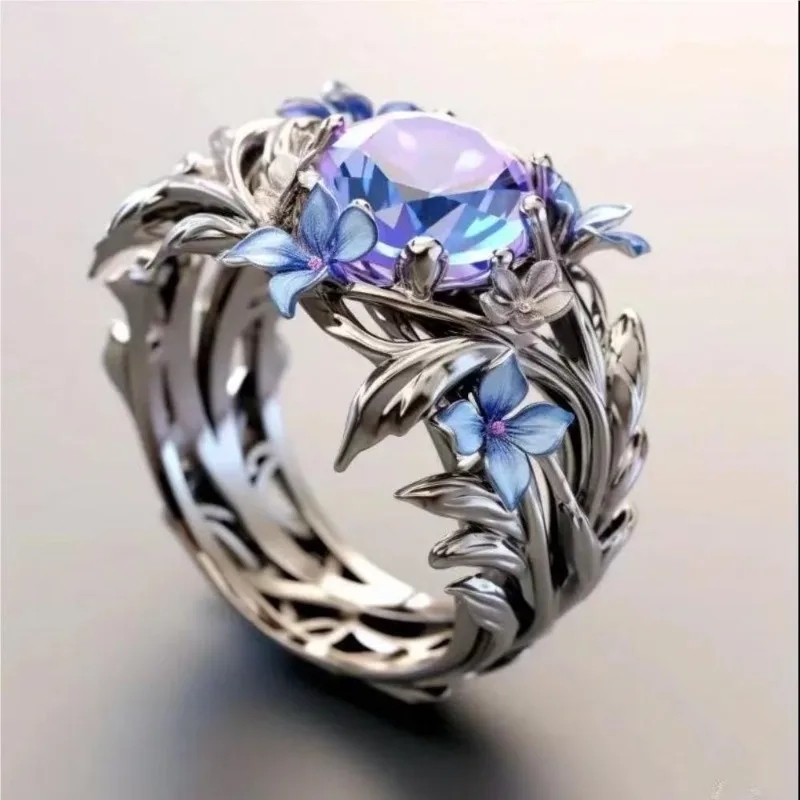 

Iris enamel oil craft ring inlaid with colorful zircon, fashionable ring