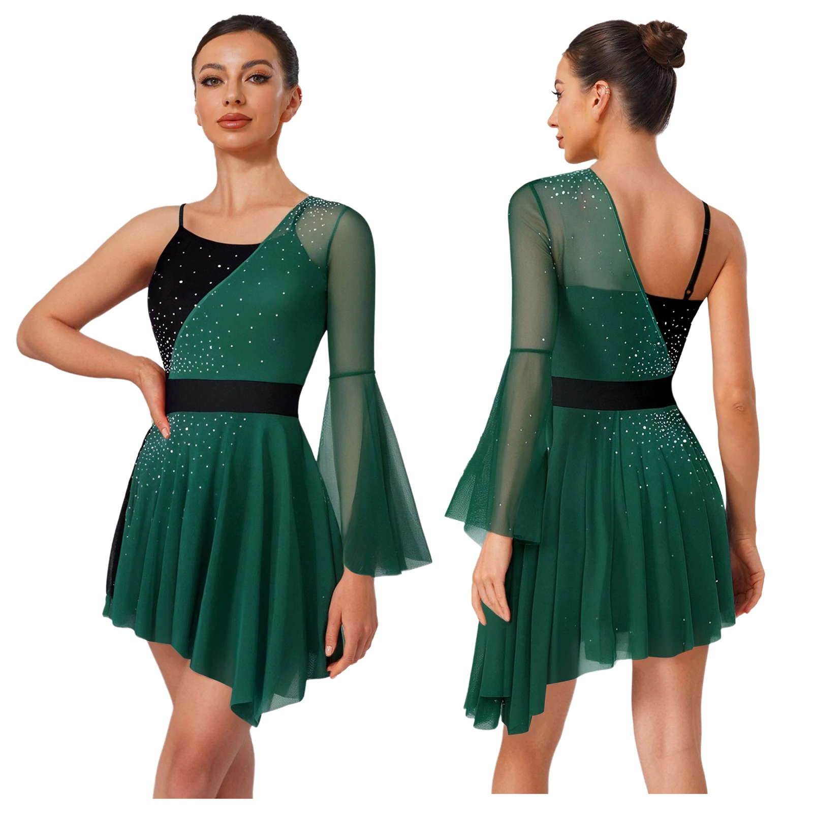 

Women Shiny Figure Skating Dress Dancewear Color Block One Flare Sleeve Patchwork Chiffon Leotard Dress for Lyrical Modern Dance