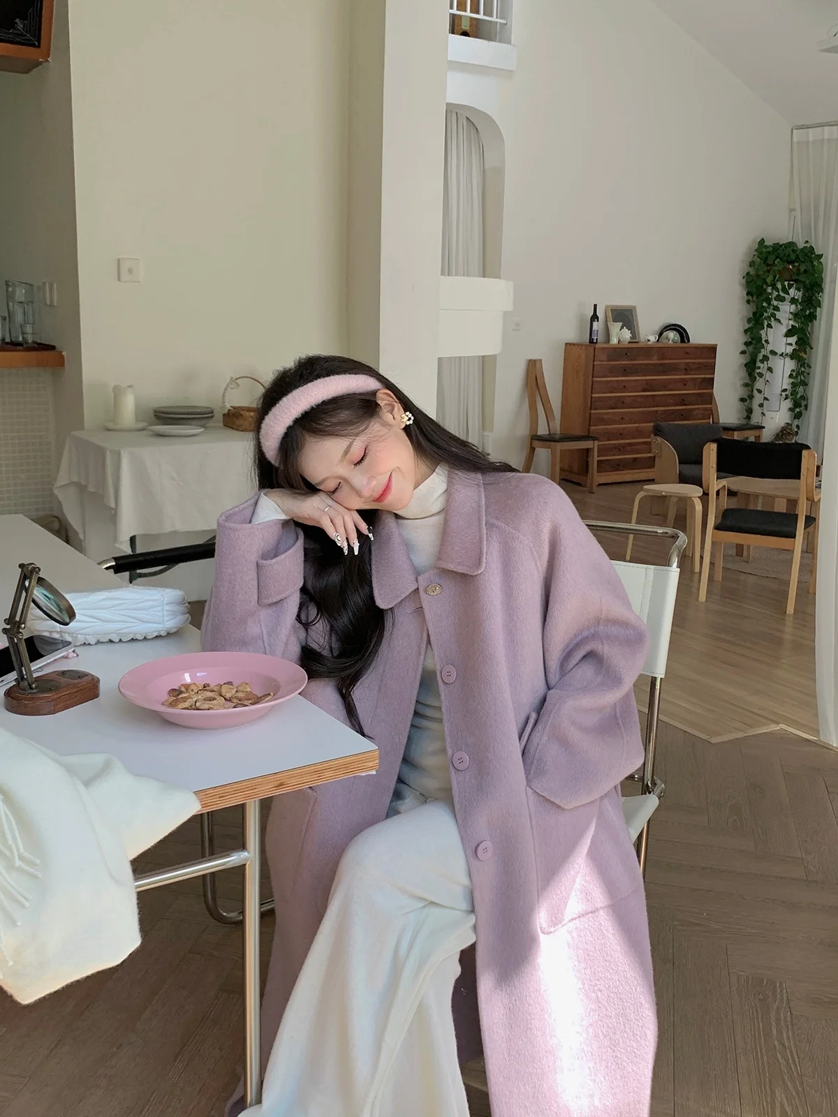 

DbyDoi Double-Sided Woolen Coat Medium-Length Women's Purple Outerwear Autumn Winter Ele Vintage Hepburn Sle Sweet