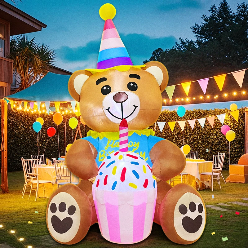 

KOOY 5FT Inflatable Bear with Birthday Cake Blow up Outdoor Yard Decorations, Built-in LED Lights for Holiday Party Garden Lawn