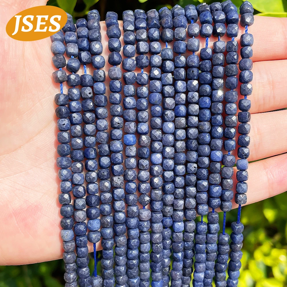 JSES AA Natural 4mm Sapphire Faceted Cube Beads Loose Gemstone Beads for Jewelry Making DIY Bracelet Necklace Charms Accessories