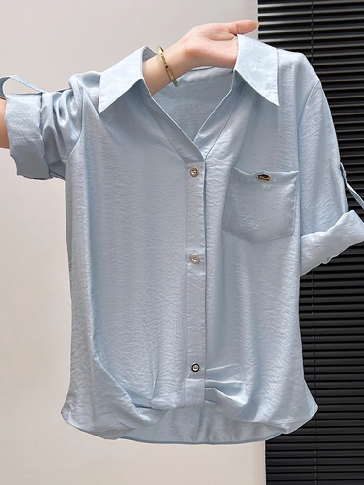 

Spring Summer Women's Collar Seven-Quarter Sve irt Versatile Faionable Design Straight Cut Thin Polyester Fiber