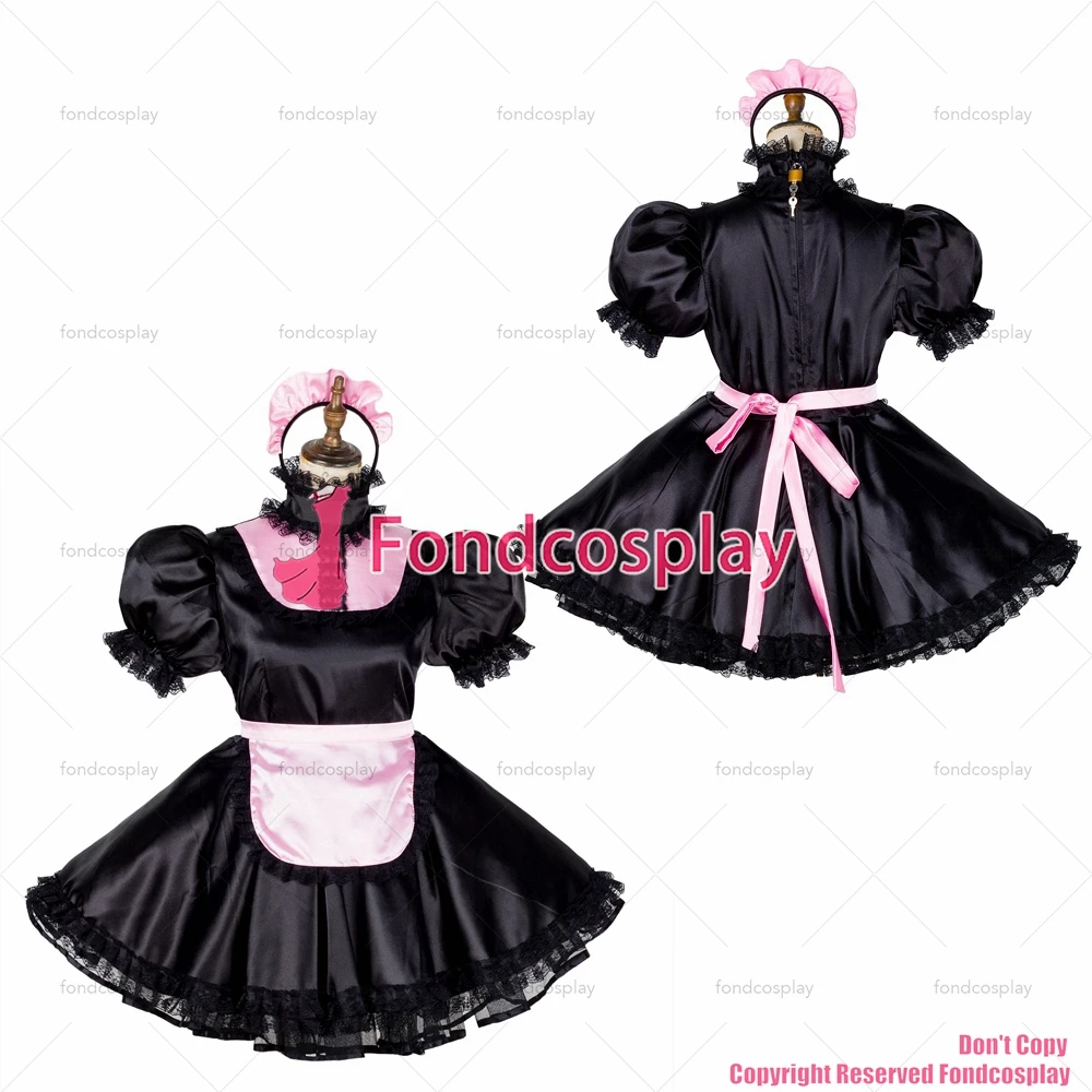 

fondcosplay adult sexy cross dressing sissy maid short lockable black satin dress Uniform pink apron costume CD/TV[G1782]