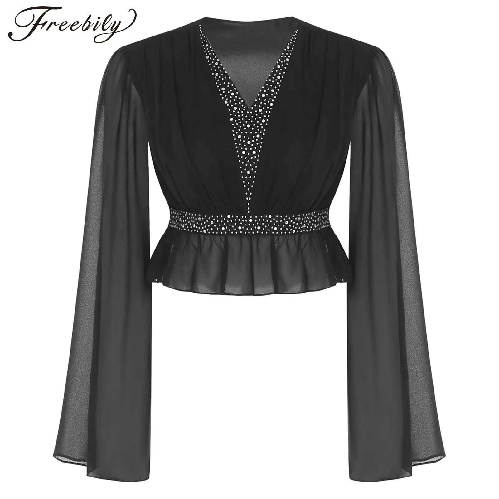 

V Neck Blouses Womens Shirt Rhinestone Sheer Flared Long Sleeve Ruffled Trim Blouse Women Clothes Party Tops Sparkly Crop Top