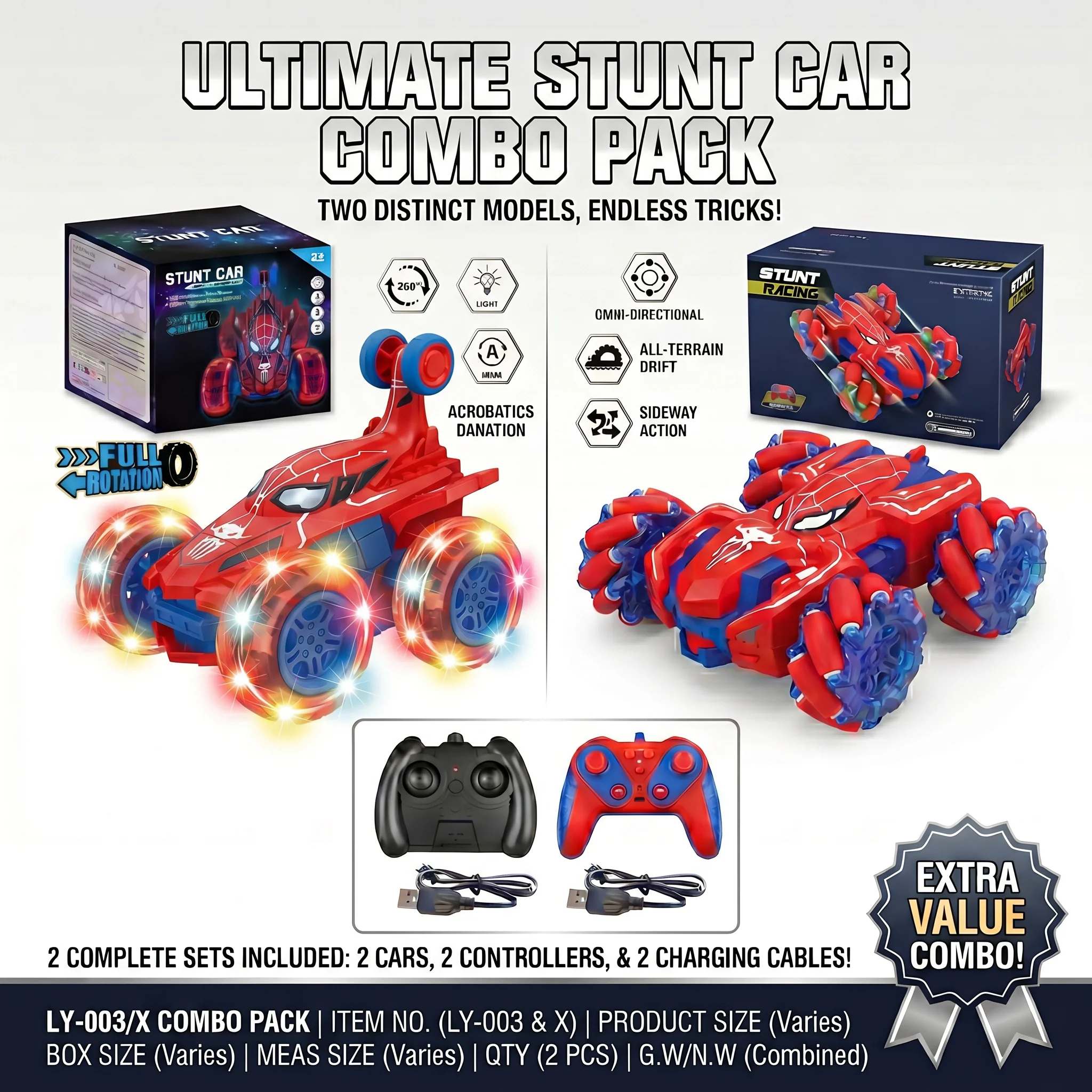 Dual 2Pcs Red Spider RC Stunt Car Bundle for Boys, Full Rotation Flip Light Up Stunt Car & Omni-Directional Drift Mecanum Wheel Remote Control Toy Cars, 2 Complete Sets With Controllers & USB Cables, Birthday Christmas Holiday Gift for Kids view 5