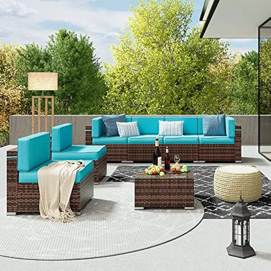 

Patio Furniture Set 7 Pieces Patio Conversation Set Outdoor Sectional Wicker Rattan Sofa with All-Weather Cover and Pillows