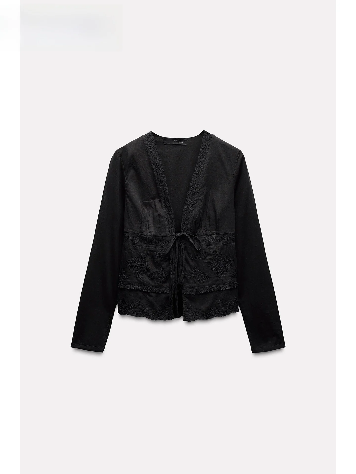 

ZAPRHA 2025 New Long Sve V-ne Comfortable Cotton Knot Decorated Belted Embroidered irt Women's Sweet Sle S...