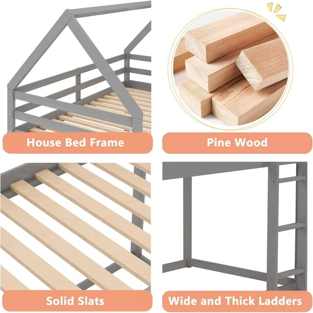 سرير توأم بطابقين للأطفال، أرضية خشبية، سلم ودرابزين، رمادي #4