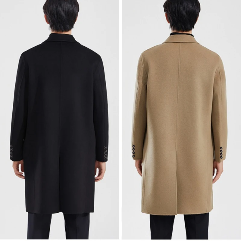 เสื้อโค้ทผู้ชายแฟชั่นทรงเข้ารูปแบบกระดุมสองแถว ผ้าผสมขนสัตว์ สีดำ/น้ำตาล สั่งตัดได้ ความยาวปานกลาง ทรงสลิม ใส่ได้ทั้งฤดูหนาวและในโอกาสทางการหรือลำลอง