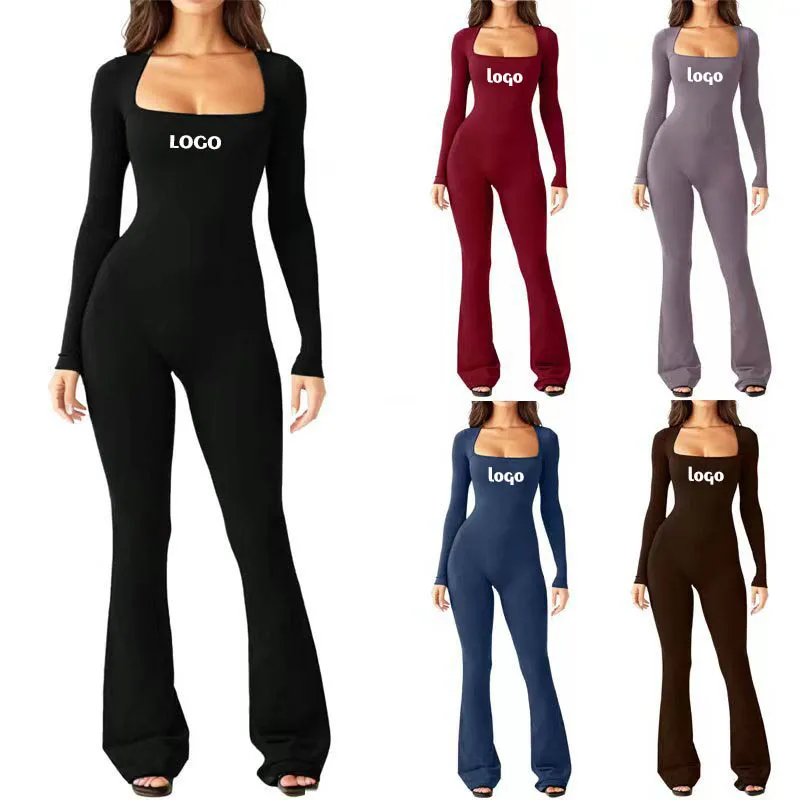 

Custom LOGO women's long-sleeved belly-cinching tunic waist and hip-lifting square neck, wide-leg, high-stretch jumpsuit