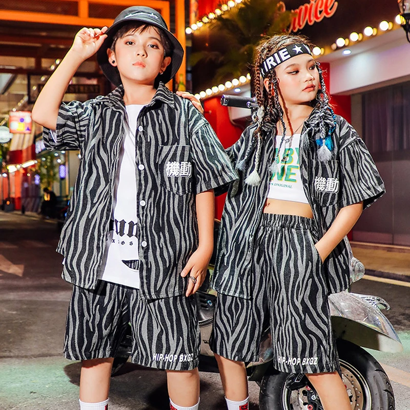 

Summer Street Dance Black Striped Suit Kids Carnival Outfits Jazz Dance Costume Girls Boys Stage Show Hip Hop Clothes SL7067