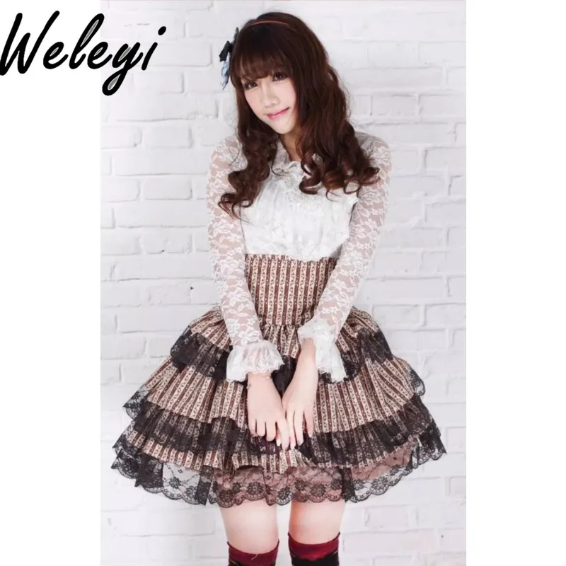 Original Japanese Lolita Jirai Kei Midi Tutu Skirt Women Sweet Princess Ladies SK High Waist Straps Big Cake Pleated Mid Skirts