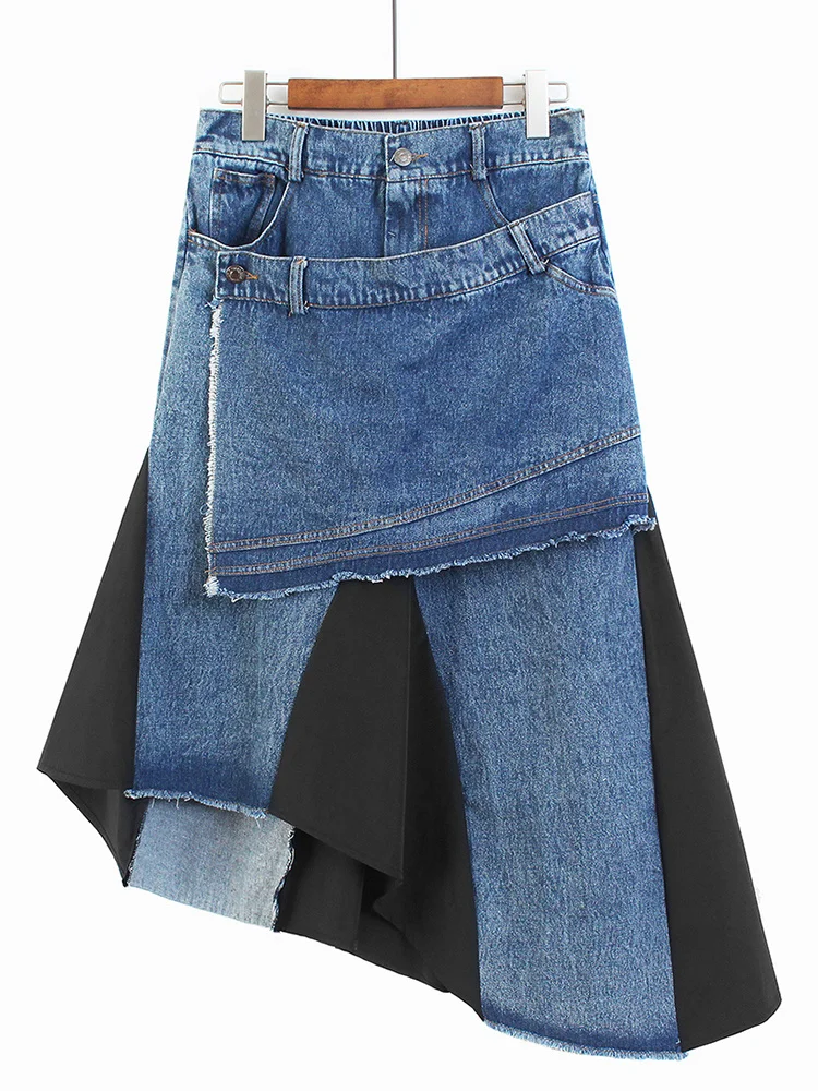 [EWQ] Irregular Denim Skirt 2024 Summer Personality High Waist Loose Streetwear Mid Length Midi Skirts Y2k Ruffle Hem Clothes