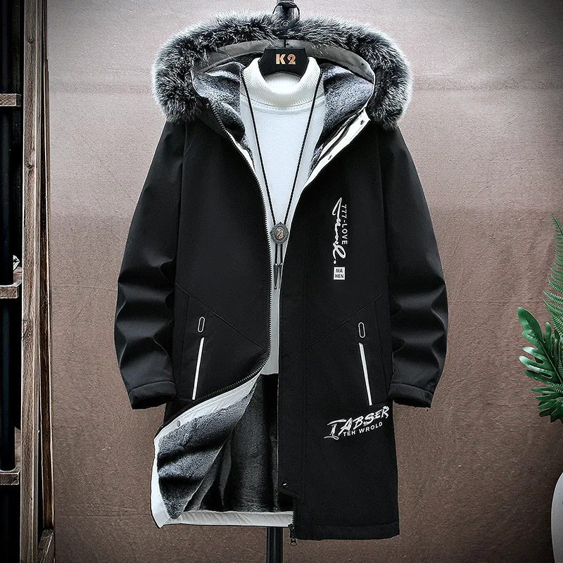 Men's fleece thickened hooded medium and long printed cotton-padded clothes trendy men's casual warm cotton-padded clothes
