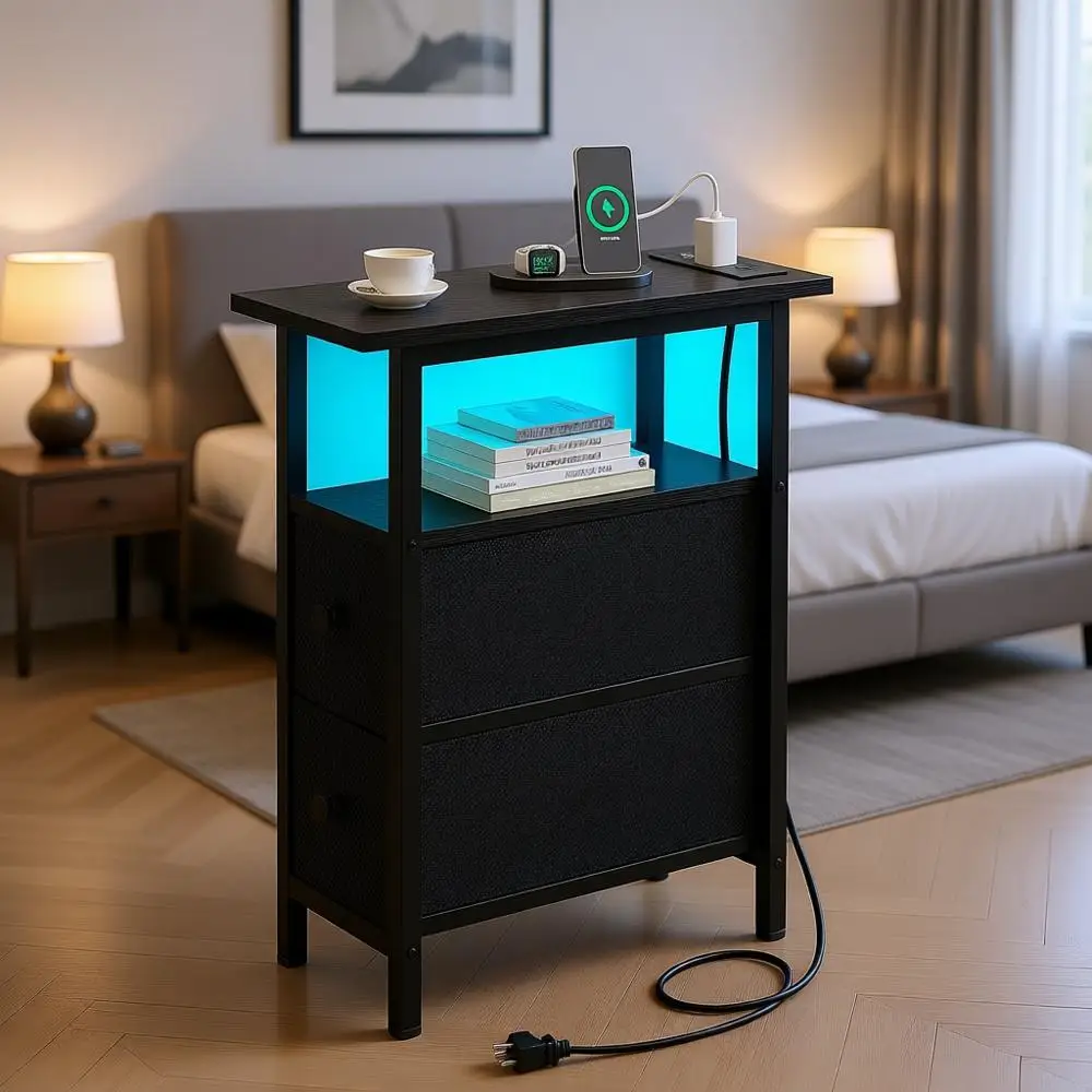 

Black Slim Nightstand with Charging Station, Fabric Drawers, and LED Light for Bedrooms and Living Rooms in Small Spaces