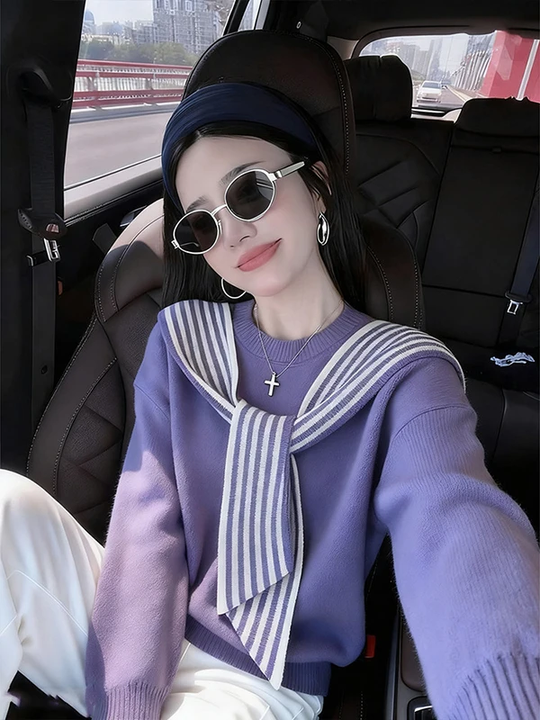 

Elegant Women's Knitted Shoulder Wrap Striped Long Sleeve Fashionable Spring 2026 High-End College Style Top for Ladies