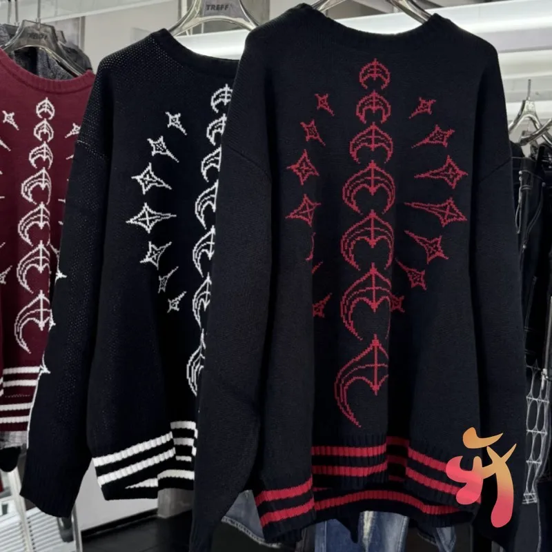 

Winter High Quality Star Moon Jacquard Club Sweater Color Contrasting Dragon Bone Splicing Thug Men Women Knitted Pullover