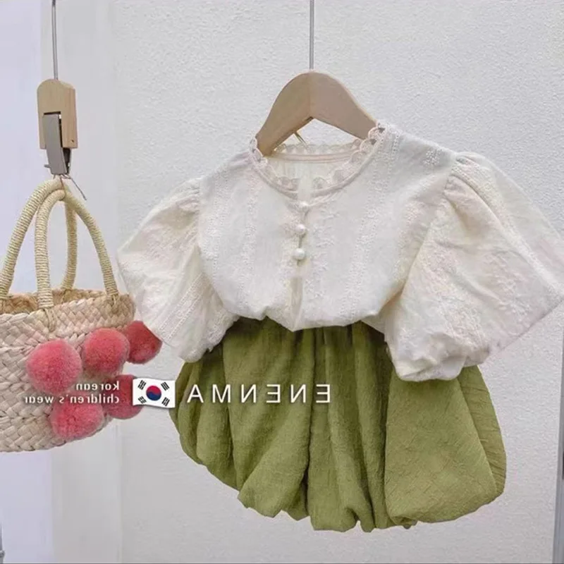 

Girls' Summer Suits New Puff Sleeve Shirt Children's Western Style Fresh Bud-Shaped Pants Two-Piece Set23153