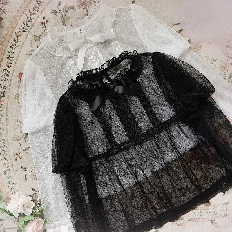 Japanese Victorian Retro Lolita Blouses Long Sleeved Women Sweet Bow Roffles Lace Mesh Shirts Girls Kawaii Loose Jsk Inside Tops