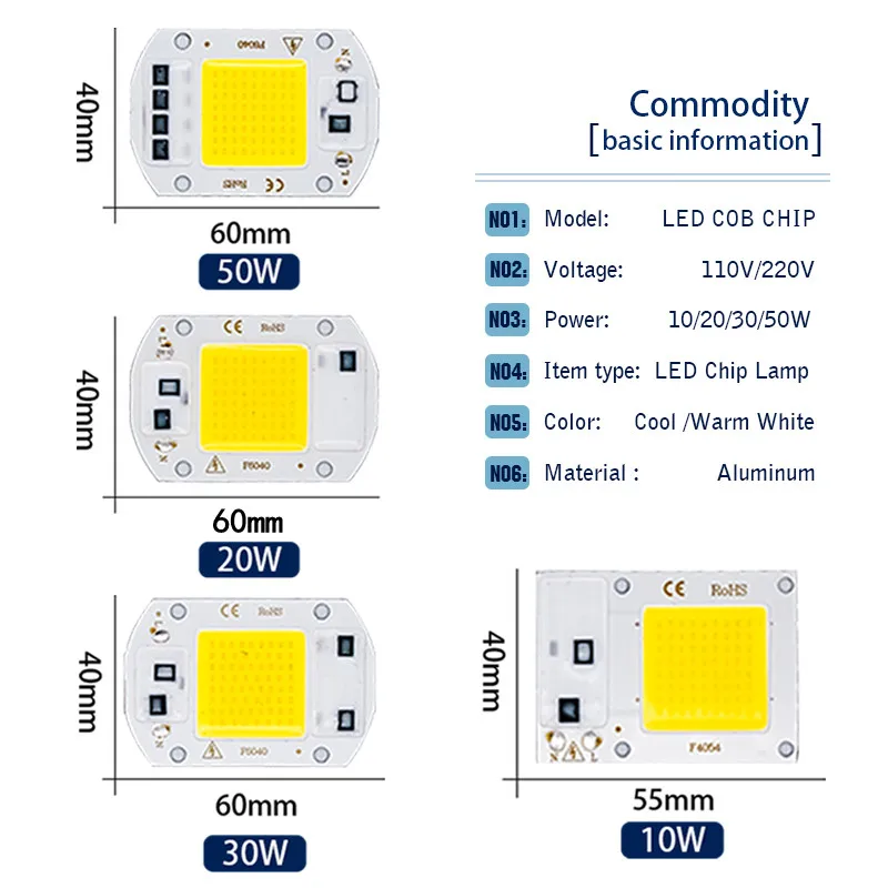 LED Lamp Chips AC 220V 110V IP65 COB Bulb Smart IC No Need Driver DIY Led Beads Input 10W 20W 30W 50W for Outdoor FloodLight