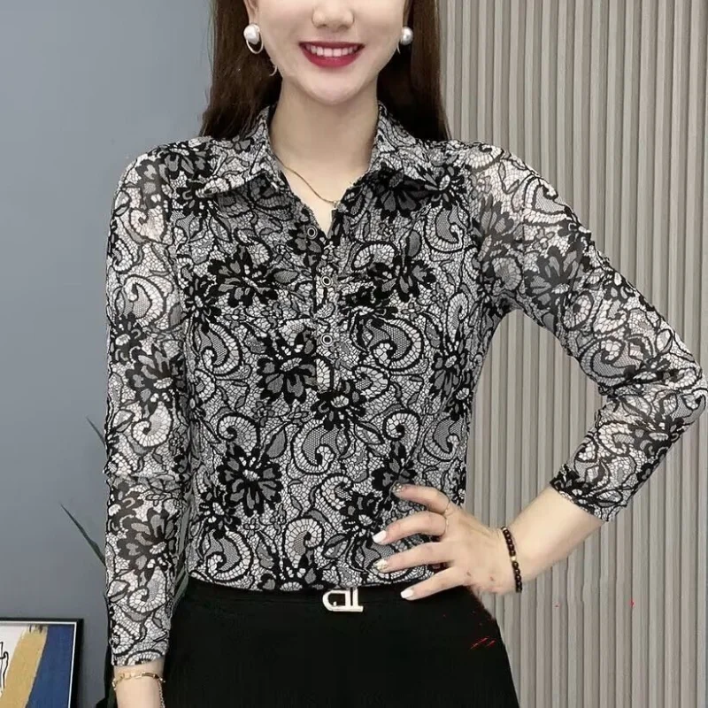 Clothes for Women Stylish Flower Mesh Lace Button Up Shirts Office Lady Elegant Long Sleeve Blouse Vintage Casual Slim Fit Tops