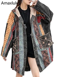 Amax luluE 2025 Fall Punk Streetwear Womens Printed Loose Hooded Knitted Denim Trench Ladies Casual Luxury Oversized Long Coats