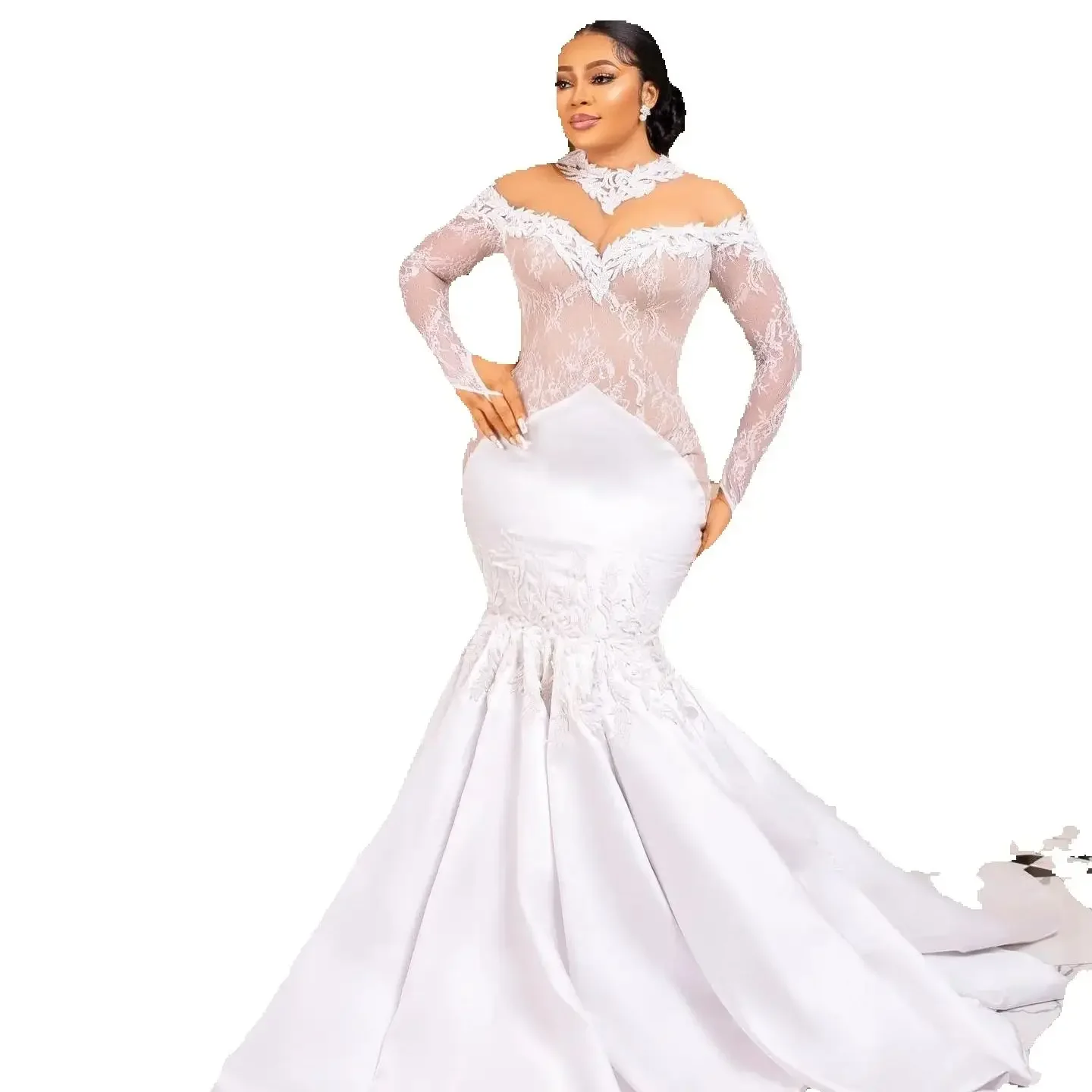 Personalizado alta pescoço rendas apliques vestido de casamento vestidos de novia ilusão mangas compridas simples plus size vestido de noiva