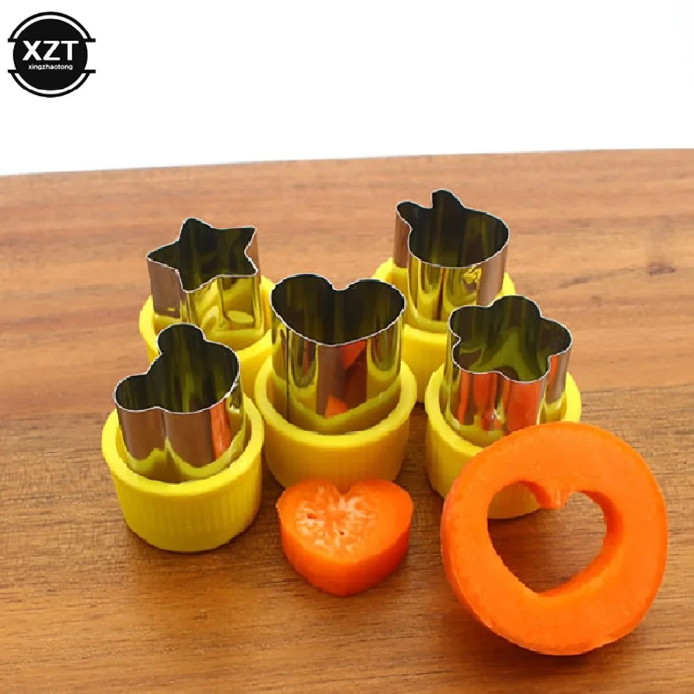 5 Pcs Portable Cookie Vegetable Cutters DIY Star Heart Flower Shape Plastic Handle Fruit Cutter Mold Baking Food Supplement Tool