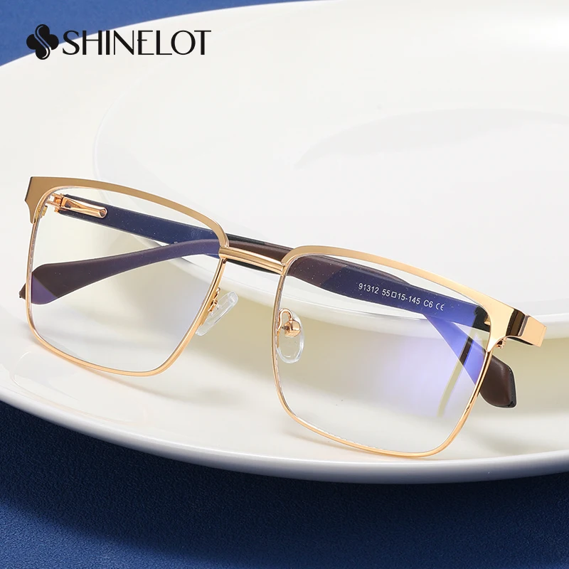 

91312 Rectangle Men Metal Prescription Eyeglasses Frame Bluelight Blocking Eye Protection Gold-plating Male Glasses Eyewear