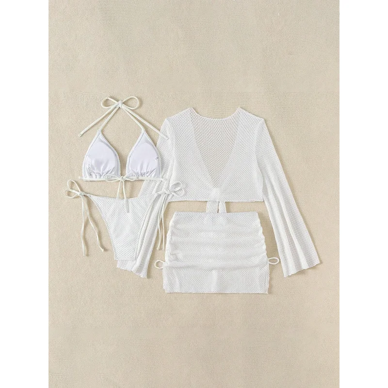 2025New Style Four-Piece Set White Simple Halter Tie Sexy Bikini Swimsuit Pure Desire Women