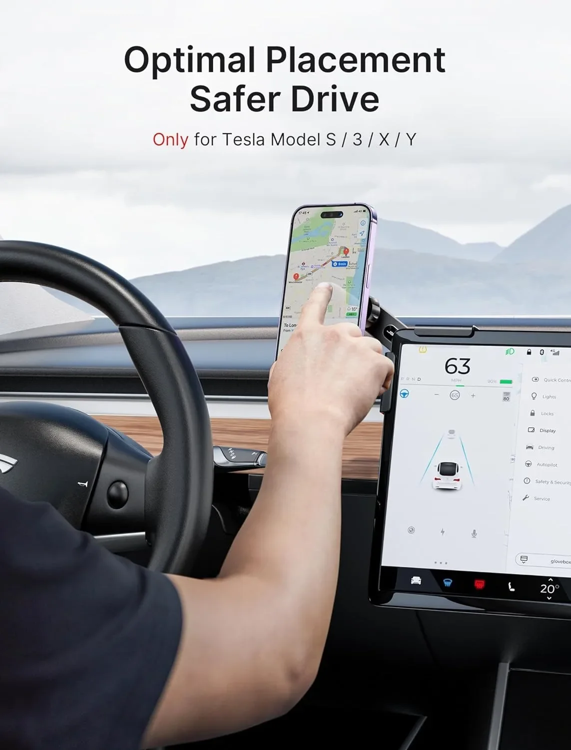 Phone holder, Mag Safe phone holder [screen lock with base, easy to install], only compatible with Tesla new model 3 2023/Y/S/X