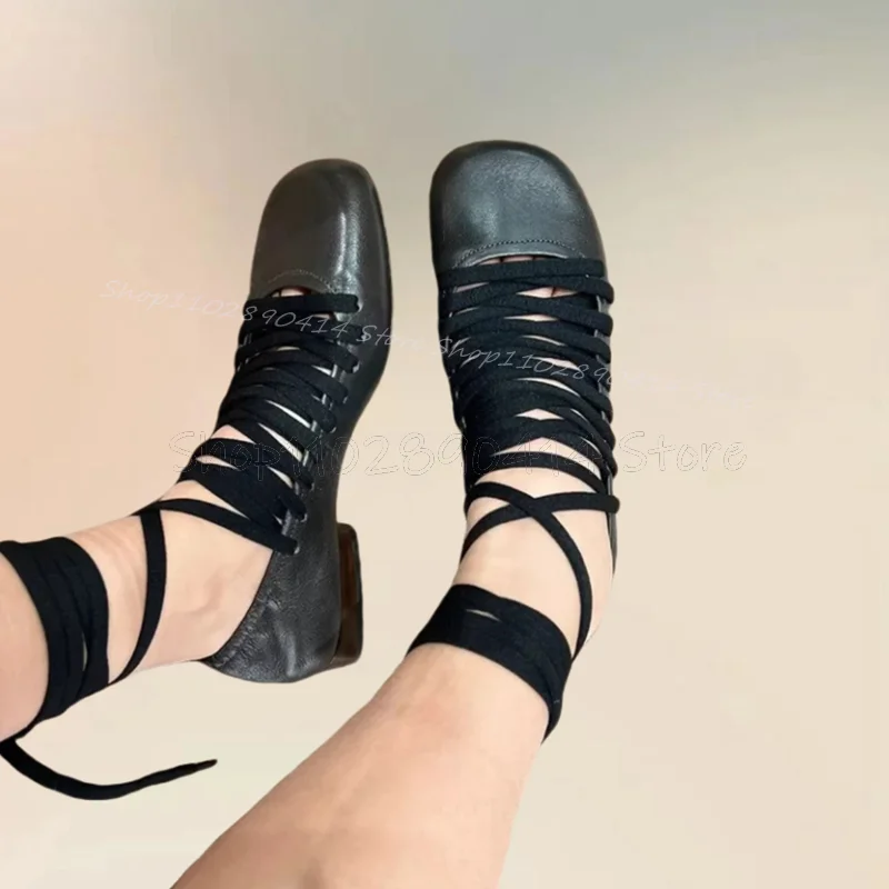 Black Round Toe Matte Leather Twine Pumps Lace Up Women Shoes Low Top Fashionable Party Banquet Office 2024 Zapatos Para Mujere