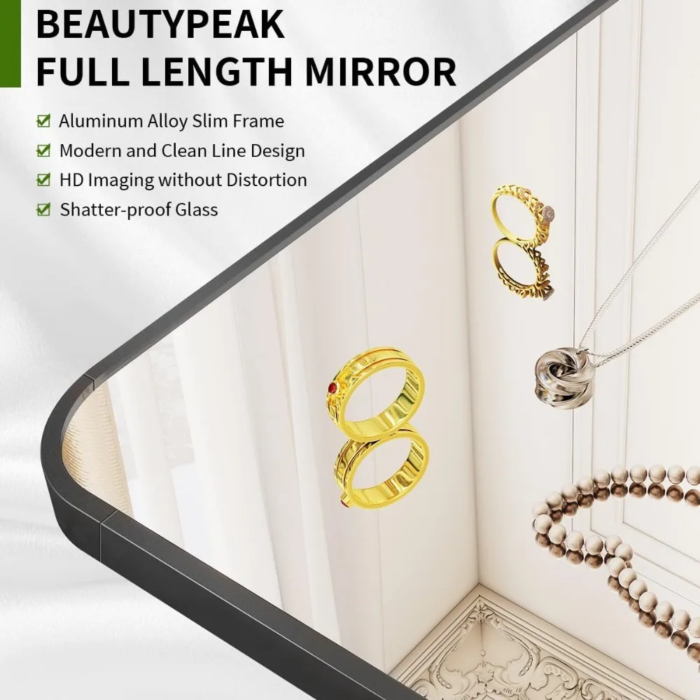 Full Length Mirror with Rounded Corners - Standing or Leaning Metal Framed Floor Mirror for Living Rooms and Bedrooms