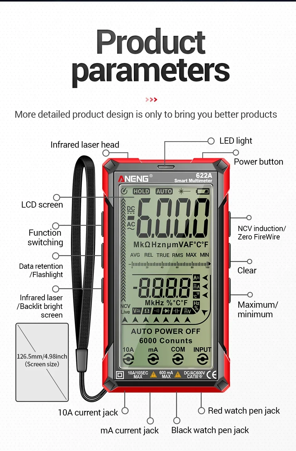 ANENG 622A/622B Smart Digital Multimeter AC/DC Spannung Strom Kondensator Widerstand NCV Spannung Induktion Infrarot Laser Tester – Detail 14