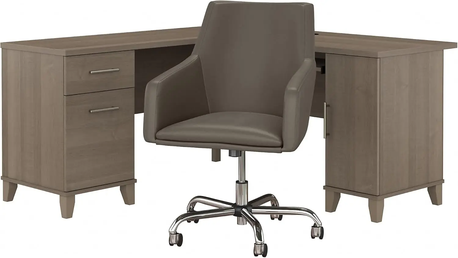 60W L Shaped Desk with Mid Back Leather Box Chair in Ash Gray