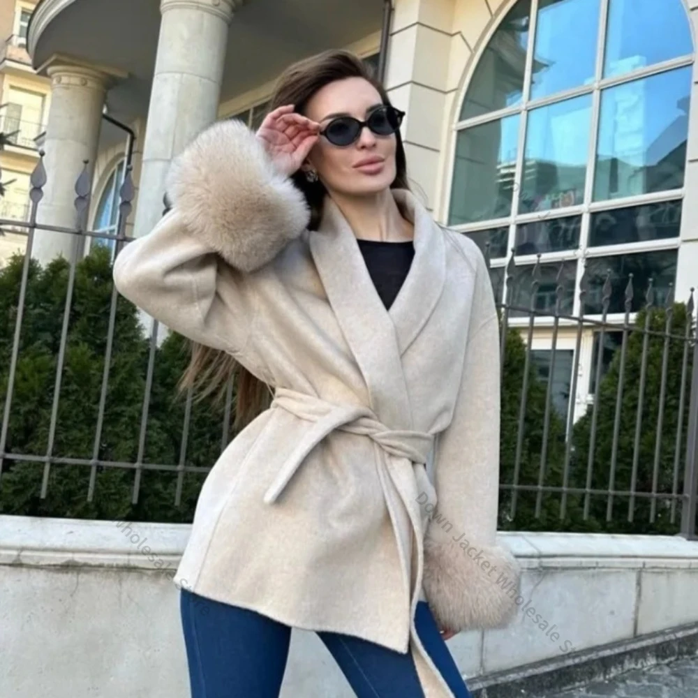 

Wool Coat Women Woolen Lady Overcoat Fox Fur Wool Coat Patchwork Woolen Coat Natural Fur Women Wool Jacket Autumn Spring